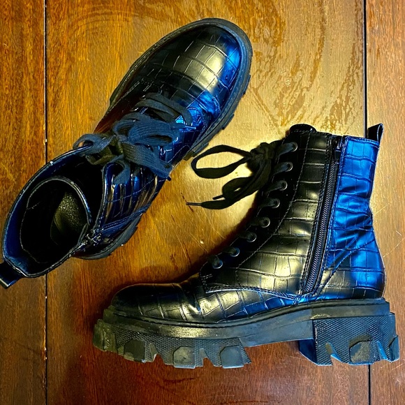 Nine West Crocodile Lug Combat Boot in Black - Picture 3 of 8